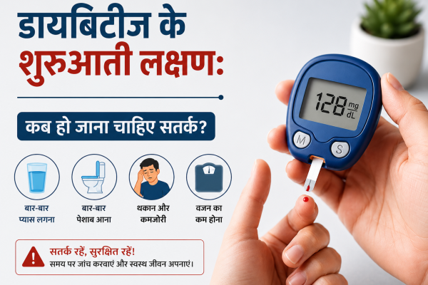 ग्लूकोमीटर के साथ डायबिटीज के शुरुआती लक्षण जैसे बार-बार प्यास लगना, बार-बार पेशाब आना, थकान और वजन कम होना दर्शाता स्वास्थ्य जागरूकता चित्र।