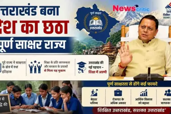: उत्तराखंड के देश का छठा पूर्ण साक्षर राज्य बनने पर News Critic का न्यूज़ इंफोग्राफिक पोस्टर, जिसमें मुख्यमंत्री पुष्कर सिंह धामी की तस्वीर, उत्तराखंड का नक्शा, पढ़ते हुए स्कूली बच्चे और साक्षरता के फायदों की सूची दिखाई दे रही है।