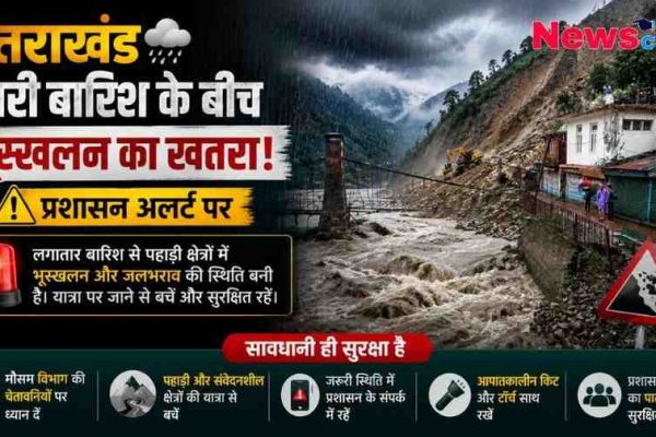 उत्तराखंड में भारी बारिश के बीच भूस्खलन के खतरे और प्रशासन के अलर्ट की जानकारी देता न्यूज़ क्रिटिक (News Critic) का चेतावनी इंफोग्राफिक, जिसमें उफनती नदी और पहाड़ी क्षेत्र का दृश्य है