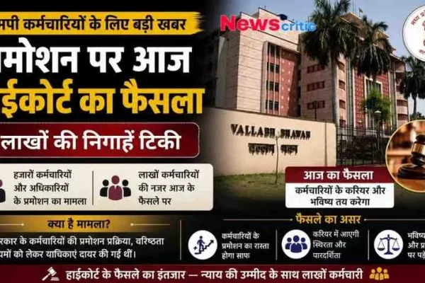 मध्य प्रदेश के सरकारी कर्मचारियों के प्रमोशन मामले पर आज आने वाले हाईकोर्ट के अहम फैसले की जानकारी देता न्यूज़ क्रिटिक (News Critic) का इंफोग्राफिक ग्राफिक।