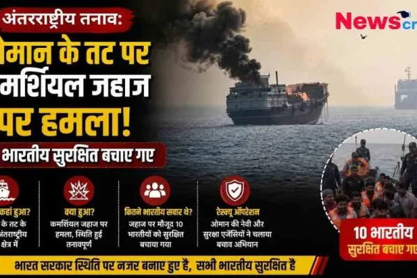 ओमान के तट पर कमर्शियल जहाज पर हमले और 10 भारतीयों के सुरक्षित रेस्क्यू की जानकारी देता न्यूज़ क्रिटिक (News Critic) का ग्राफिक।
