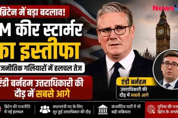 Alt Text: ब्रिटेन के प्रधानमंत्री कीर स्टारमर के इस्तीफे और उनके उत्तराधिकारी के रूप में एंडी बर्नहम के नाम की चर्चा को दर्शाता News Critic का अंतरराष्ट्रीय समाचार इंफोग्राफिक।