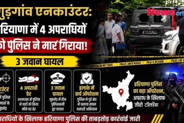 गुड़गांव एनकाउंटर पर News Critic का न्यूज़ इंफोग्राफिक पोस्टर, जिसमें हरियाणा पुलिस द्वारा मुठभेड़ में 4 अपराधियों को ढेर करने, 3 जवानों के घायल होने और इलाके में सर्च ऑपरेशन की जानकारी दी गई है।