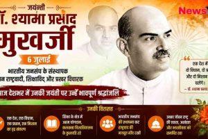 News Critic ग्राफ़िक: डॉ. श्यामा प्रसाद मुखर्जी की जयंती (6 जुलाई) पर विशेष श्रद्धांजलि बैनर, जिसमें उनके चित्र के साथ उनका प्रसिद्ध नारा "एक देश में दो विधान, दो प्रधान और दो निशान नहीं चलेंगे" लिखा हुआ है।