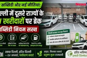 न्यूज़ क्रिटिक (News Critic) का न्यूज़ ग्राफिक जिसमें दिल्ली की नई EV सब्सिडी नीति के बारे में बताया गया है। ग्राफिक में एक EV चार्जिंग स्टेशन पर इलेक्ट्रिक गाड़ियां खड़ी हैं और बैकग्राउंड में इंडिया गेट दिखाई दे रहा है। मुख्य टेक्स्ट में "EV सब्सिडी और नई नीतियां: दिल्ली में दूसरे राज्यों के EV खरीदारों पर ब्रेक" और "सब्सिडी नियम सख्त" लिखा है। साथ ही फर्जीवाड़ा रोकने और चार्जिंग इंफ्रास्ट्रक्चर मजबूत करने से जुड़े बिंदु दिए गए हैं।