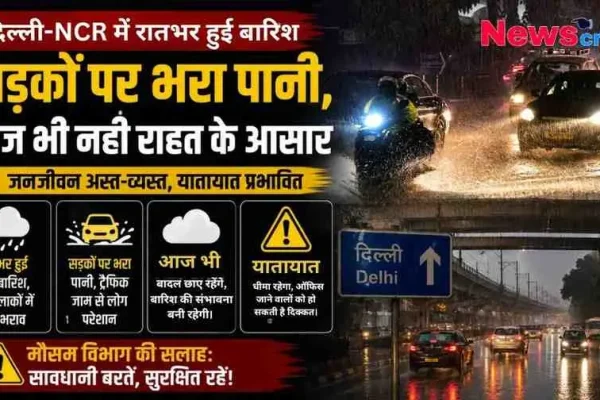 दिल्ली-NCR में रात भर हुई भारी बारिश के कारण सड़कों पर जलभराव और यातायात प्रभावित होने की जानकारी का ग्राफिक - News Critic