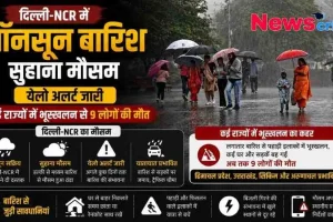 दिल्ली-NCR में मॉनसून की बारिश, येलो अलर्ट और पहाड़ी राज्यों में भूस्खलन से हुई तबाही की जानकारी देता News Critic का न्यूज़ ग्राफिक।