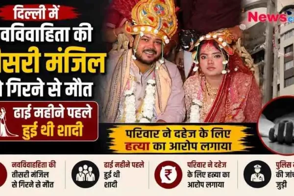 न्यूज़ क्रिटिक का क्राइम न्यूज़ ग्राफिक: दिल्ली में एक नवविवाहिता की तीसरी मंजिल से गिरने से मौत की खबर, जिसमें दूल्हा-दुल्हन की शादी की तस्वीर, बहुमंजिला इमारत और ससुराल पक्ष पर दहेज हत्या के आरोप की जानकारी दी गई है।