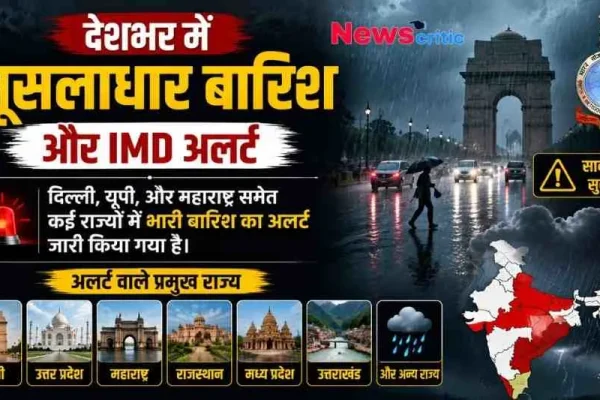 देशभर में भारी बारिश और IMD अलर्ट का ग्राफिक पोस्टर जिसमें भारत का नक्शा, दिल्ली, यूपी, और महाराष्ट्र जैसे राज्यों के नाम और 'News Critic' का लोगो दिख रहा है।