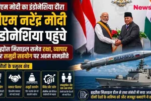 प्रधानमंत्री नरेंद्र मोदी और इंडोनेशियाई नेता के हाथ मिलाने की तस्वीर के साथ 'पीएम मोदी इंडोनेशिया पहुंचे' की खबर दर्शाता न्यूज़ ग्राफ़िक, जिसमें ब्रह्मोस मिसाइल (BrahMos Missile), नौसैनिक युद्धपोत (Warship), दोनों देशों के राष्ट्रीय ध्वज और रक्षा व व्यापार सहयोग के प्रमुख क्षेत्रों के आइकन शामिल हैं। (News Critic)