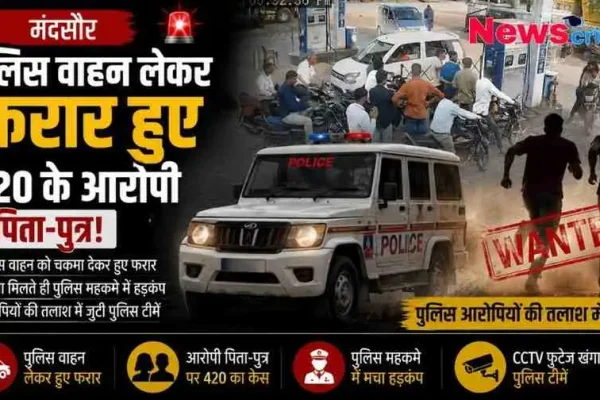 न्यूज़ क्रिटिक (News Critic) का ग्राफिक जिसमें मंदसौर की एक घटना को दिखाया गया है। ग्राफिक में एक पुलिस जीप और भागते हुए दो लोगों की परछाई (वांटेड स्टैम्प के साथ) है। मुख्य टेक्स्ट में 'मंदसौर: पुलिस वाहन लेकर फरार हुए 420 के आरोपी पिता-पुत्र!' लिखा है। नीचे सीसीटीवी खंगालने और पुलिस महकमे में हड़कंप की जानकारी दी गई है।