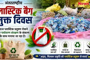 न्यूज़ क्रिटिक (News Critic) का एक जागरूकता ग्राफिक जिसमें 'अंतरराष्ट्रीय प्लास्टिक बैग मुक्त दिवस' लिखा है। इमेज में प्लास्टिक कचरे के ढेर के साथ ही 'प्लास्टिक बैग निषेध' (No Plastic Bag) का क्रॉस साइन, कपड़े का थैला और पर्यावरण संरक्षण से जुड़े चार संदेश (प्लास्टिक कम करें, कपड़े का थैला अपनाएं, रीसायकल को बढ़ावा दें, स्वच्छ पर्यावरण का निर्माण करें) दर्शाए गए हैं।