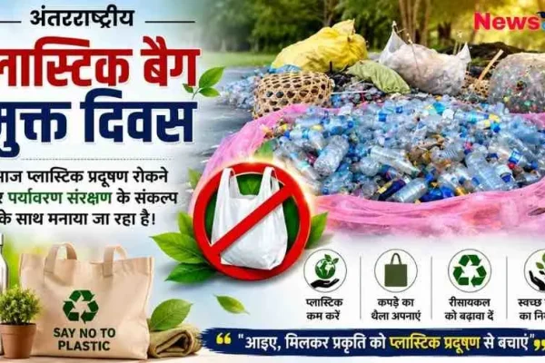 न्यूज़ क्रिटिक (News Critic) का एक जागरूकता ग्राफिक जिसमें 'अंतरराष्ट्रीय प्लास्टिक बैग मुक्त दिवस' लिखा है। इमेज में प्लास्टिक कचरे के ढेर के साथ ही 'प्लास्टिक बैग निषेध' (No Plastic Bag) का क्रॉस साइन, कपड़े का थैला और पर्यावरण संरक्षण से जुड़े चार संदेश (प्लास्टिक कम करें, कपड़े का थैला अपनाएं, रीसायकल को बढ़ावा दें, स्वच्छ पर्यावरण का निर्माण करें) दर्शाए गए हैं।