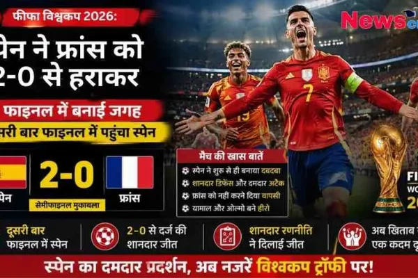 फीफा विश्वकप 2026 के सेमीफाइनल में स्पेन द्वारा फ्रांस को 2-0 से हराकर फाइनल में जगह बनाने की खबर को दर्शाता News Critic का स्पोर्ट्स इंफोग्राफिक।