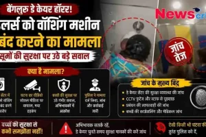 बेंगलुरु डे केयर सेंटर में टॉडलर्स को वॉशिंग मशीन में बंद करने की चौंकाने वाली घटना और उस पर चल रही पुलिस जांच को दर्शाता News Critic का न्यूज़ ग्राफिक।