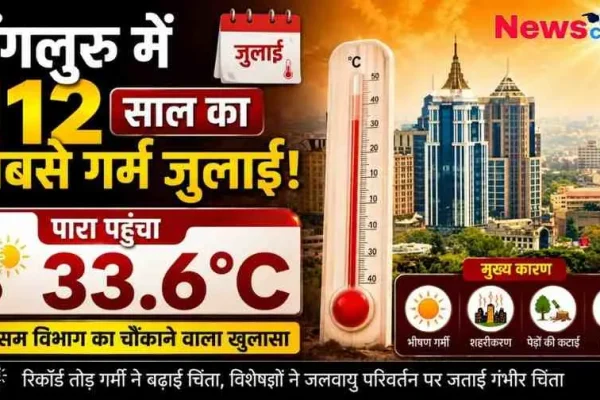बेंगलुरु में 112 साल की सबसे गर्म जुलाई और पारे के 33.6°C पहुंचने की मौसम विभाग की रिपोर्ट को दर्शाता News Critic का जलवायु परिवर्तन समाचार इंफोग्राफिक।