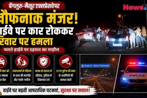 बेंगलुरु-मैसूर एक्सप्रेसवे पर बदमाशों द्वारा जबरन कार रोककर परिवार पर हमला किए जाने की खबर का ग्राफिक बैनर - News Critic