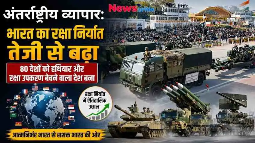 भारत के बढ़ते रक्षा निर्यात को दर्शाता न्यूज़ ग्राफ़िक, जिसमें परेड में शामिल सैन्य टैंक, मिसाइल सिस्टम, रक्षा वाहन, विभिन्न देशों के झंडों से घिरा ग्लोब और 'आत्मनिर्भर भारत' का संदेश शामिल है। (News Critic)