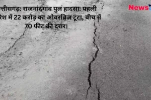 कंक्रीट और डामर की सड़क पर आई एक गहरी और लंबी दरार का क्लोज-अप दृश्य, जिस पर 'न्यूज क्रिटिक' (News Critic) का लोगो और छत्तीसगढ़ के राजनांदगांव में पहली बारिश में टूटे 22 करोड़ के ओवरब्रिज की हेडलाइन लिखी है।