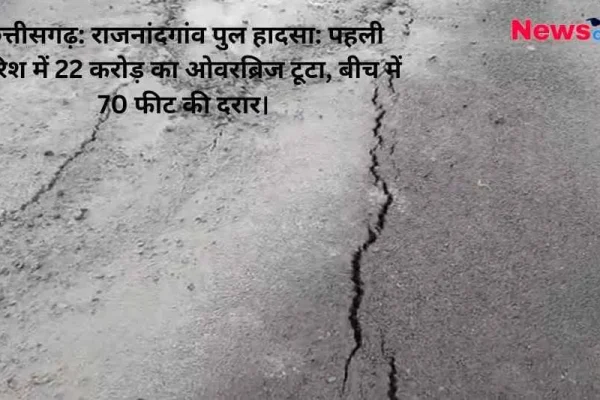 कंक्रीट और डामर की सड़क पर आई एक गहरी और लंबी दरार का क्लोज-अप दृश्य, जिस पर 'न्यूज क्रिटिक' (News Critic) का लोगो और छत्तीसगढ़ के राजनांदगांव में पहली बारिश में टूटे 22 करोड़ के ओवरब्रिज की हेडलाइन लिखी है।