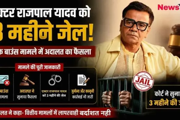 चेक बाउंस मामले में बॉलीवुड अभिनेता राजपाल यादव को कोर्ट द्वारा 3 महीने की जेल की सजा सुनाए जाने की खबर दिखाता न्यूज़ क्रिटिक (News Critic) का न्यूज़ ग्राफ़िक।