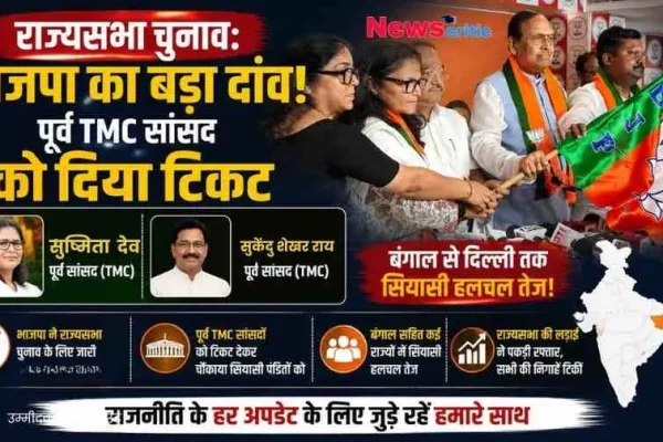 राज्यसभा चुनाव में भाजपा के बड़े दांव पर News Critic का न्यूज़ ग्राफिक पोस्टर, जिसमें पूर्व टीएमसी सांसद सुष्मिता देव और सुखेंदु शेखर राय को भाजपा द्वारा टिकट दिए जाने की खबर और पार्टी का झंडा थामे नेता दिखाई दे रहे हैं।