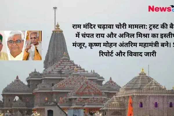 राम मंदिर की भव्य पृष्ठभूमि के साथ एक समाचार बैनर, जिसमें बाईं ओर चंपत राय, अनिल मिश्रा और एक अन्य व्यक्ति की तस्वीरें (इन्सर्ट) हैं। दाईं ओर ऊपर 'News Critic' का लोगो है और काले अक्षरों में 'राम मंदिर चढ़ावा चोरी मामला: ट्रस्ट की बैठक में चंपत राय और अनिल मिश्रा का इस्तीफा मंजूर, कृष्ण मोहन अंतरिम महामंत्री बने। SIT रिपोर्ट और विवाद जारी' की हेडलाइन लिखी है।