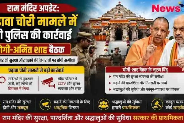अयोध्या राम मंदिर में चढ़ावा चोरी मामले में यूपी पुलिस की कार्रवाई और मुख्यमंत्री योगी आदित्यनाथ व गृह मंत्री अमित शाह की समीक्षा बैठक की जानकारी देता News Critic का समाचार इंफोग्राफिक।