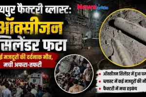 रायपुर में फैक्ट्री के भीतर ऑक्सीजन सिलेंडर फटने की दुर्घटना बयां करता न्यूज़ थंबनेल, जिसमें धमाके से टूटे सिलेंडर के टुकड़े, घायलों की मदद करते लोग और आपातकालीन एंबुलेंस की तस्वीर शामिल है। (News Critic)