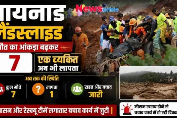 केरल के वायनाड में हुए भूस्खलन (लैंडस्लाइड) में मरने वालों की संख्या बढ़कर 7 होने और बचाव कार्य की स्थिति को दर्शाता न्यूज़ क्रिटिक (News Critic) का न्यूज़ ग्राफ़िक।