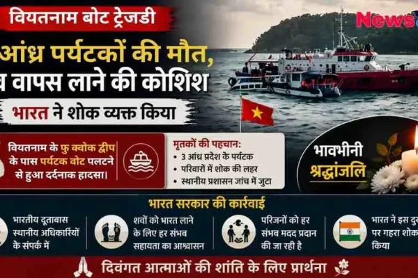 वियतनाम के फु क्वोक द्वीप के पास पर्यटक बोट पलटने के दर्दनाक हादसे, 3 आंध्र पर्यटकों की मौत और भारत सरकार की कार्रवाई की जानकारी देता न्यूज़ क्रिटिक (News Critic) का ग्राफिक।