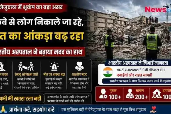 वेनेजुएला में विनाशकारी भूकंप के बाद मलबे में चल रहे रेस्क्यू ऑपरेशन और भारतीय अस्पताल द्वारा दी जा रही मानवीय सहायता को दर्शाता News Critic का न्यूज़ ग्राफिक।