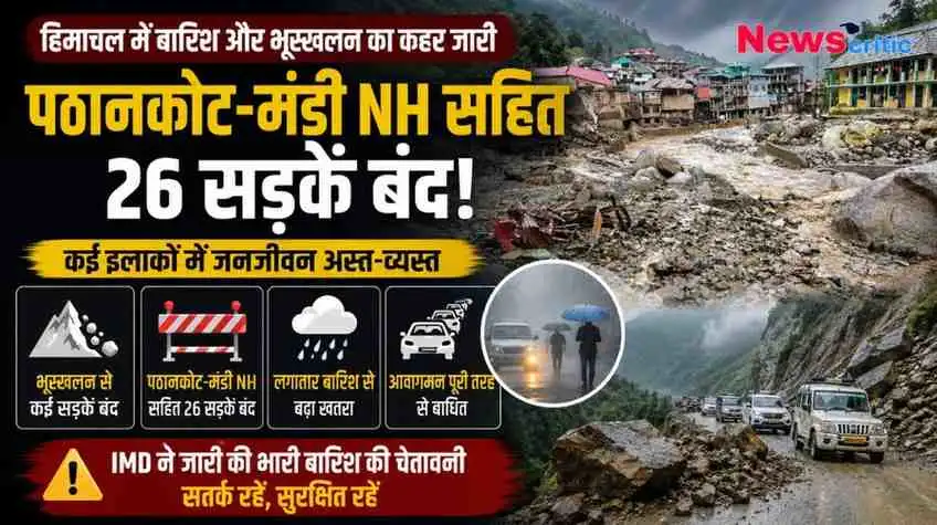 हिमाचल प्रदेश में भारी बारिश और भूस्खलन के कारण पठानकोट-मंडी नेशनल हाईवे सहित 26 सड़कें बंद।