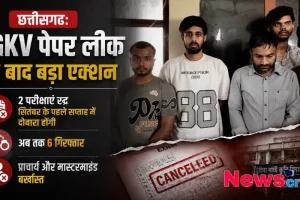 छत्तीसगढ़ IGKV पेपर लीक मामले में गिरफ्तार आरोपियों और 2 परीक्षाएं रद्द होने की जानकारी देने वाला न्यूज़ क्रिटिक का ग्राफ़िक, जिसमें मास्टरमाइंड की बर्खास्तगी का भी जिक्र है।