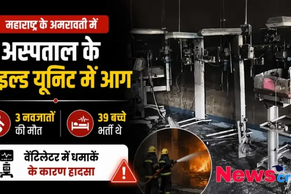 महाराष्ट्र के अमरावती में अस्पताल के चाइल्ड यूनिट में आग लगने की घटना का ग्राफ़िक, जिसमें 3 नवजातों की मौत और वेंटिलेटर में धमाके की जानकारी है - न्यूज़ क्रिटिक