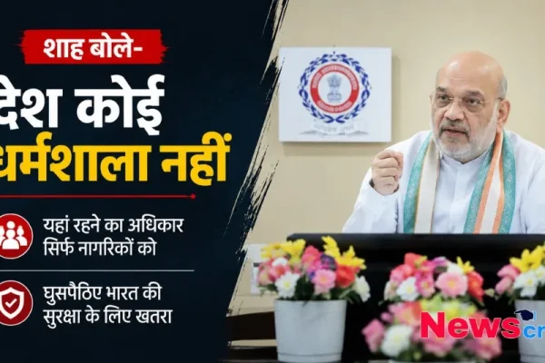 "देश कोई धर्मशाला नहीं, यहां रहने का अधिकार सिर्फ नागरिकों को है और घुसपैठिए भारत की सुरक्षा के लिए खतरा हैं" — केंद्रीय गृह मंत्री अमित शाह के इस कड़े बयान को दर्शाता News Critic का बैनर।