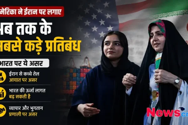 अमेरिका और ईरान के झंडे के बैकग्राउंड में 'अमेरिका ने ईरान पर लगाए अब तक के सबसे कड़े प्रतिबंध' लिखा हुआ न्यूज़ ग्राफिक, जिसमें भारत पर असर बताया गया है - News Critic