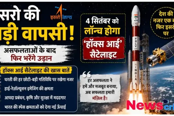 इसरो की बड़ी वापसी और 4 सितंबर को लॉन्च होने वाले 'हॉक्स आई' सैटेलाइट तथा उसकी विशेषताओं को दर्शाता न्यूज़ ग्राफ़िक - न्यूज़ क्रिटिक