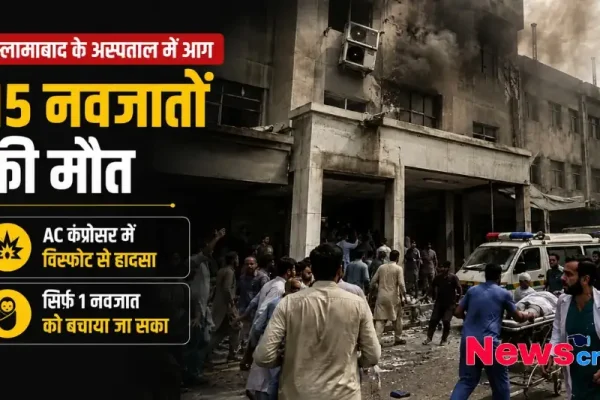 इस्लामाबाद के अस्पताल में एसी कंप्रेसर फटने से लगी भीषण आग और 15 नवजातों की मौत की घटना को दर्शाता News Critic का बैनर।