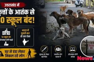 न्यूज़ क्रिटिक (News Critic) का ग्राफ़िक जिसमें उत्तराखंड में कुत्तों के आतंक के कारण 10 स्कूलों के बंद होने, लोगों में दहशत और ऑनलाइन पढ़ाई शुरू होने की खबर को दर्शाया गया है।