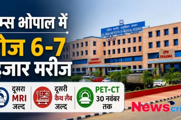 एम्स भोपाल का मुख्य भवन और न्यूज़ क्रिटिक लोगो, जिसमें एम्स भोपाल में रोजाना 6 से 7 हजार मरीजों के आने की जानकारी दी गई है।