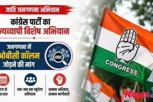 न्यूज़ क्रिटिक - कांग्रेस पार्टी द्वारा जाति जनगणना अभियान और जनगणना में OBC (ओबीसी) कॉलम जोड़ने की मांग को दर्शाता हुआ बैनर।