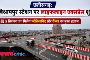 न्यूज़ क्रिटिक - छत्तीसगढ़ लाइफलाइन एक्सप्रेस का सूचनात्मक ग्राफ़िक, जिसमें विश्रामपुर स्टेशन पर 5 सितंबर तक मोतियाबिंद और कैंसर के मुफ्त इलाज की जानकारी दी गई है।