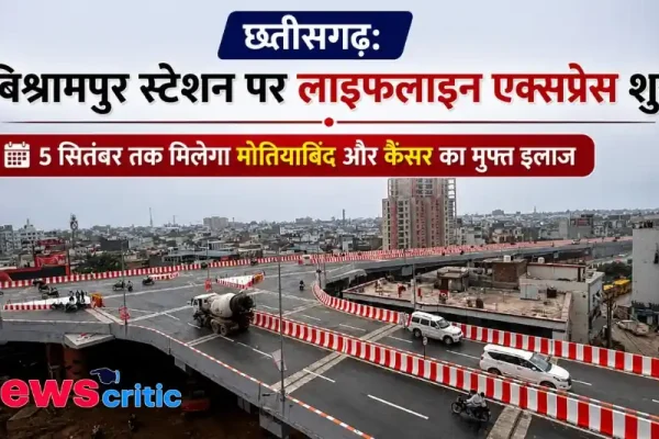 न्यूज़ क्रिटिक - छत्तीसगढ़ लाइफलाइन एक्सप्रेस का सूचनात्मक ग्राफ़िक, जिसमें विश्रामपुर स्टेशन पर 5 सितंबर तक मोतियाबिंद और कैंसर के मुफ्त इलाज की जानकारी दी गई है।