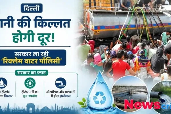दिल्ली में पानी की किल्लत दूर करने के लिए सरकार द्वारा लाई जा रही 'रिक्लेम वाटर पॉलिसी' और सीवेज ट्रीटमेंट प्लांट्स के विस्तार को दर्शाता News Critic का बैनर।