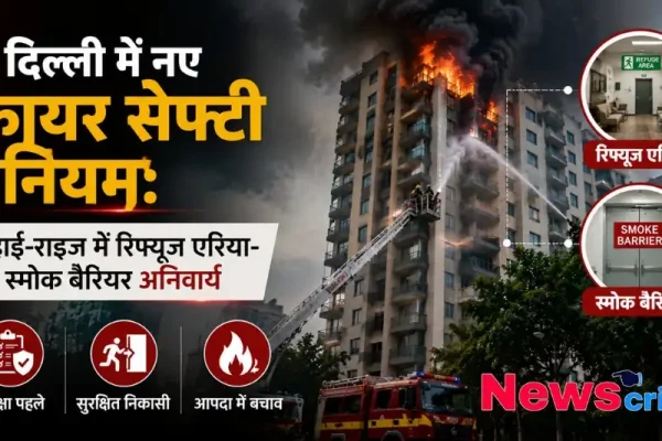 दिल्ली में नए फायर सेफ्टी नियम के तहत हाई-राइज बिल्डिंग में रिफ्यूजी एरिया और स्मोक बैरियर अनिवार्य किए जाने की जानकारी देती तस्वीर, साथ ही न्यूज़ क्रिटिक का लोगो।