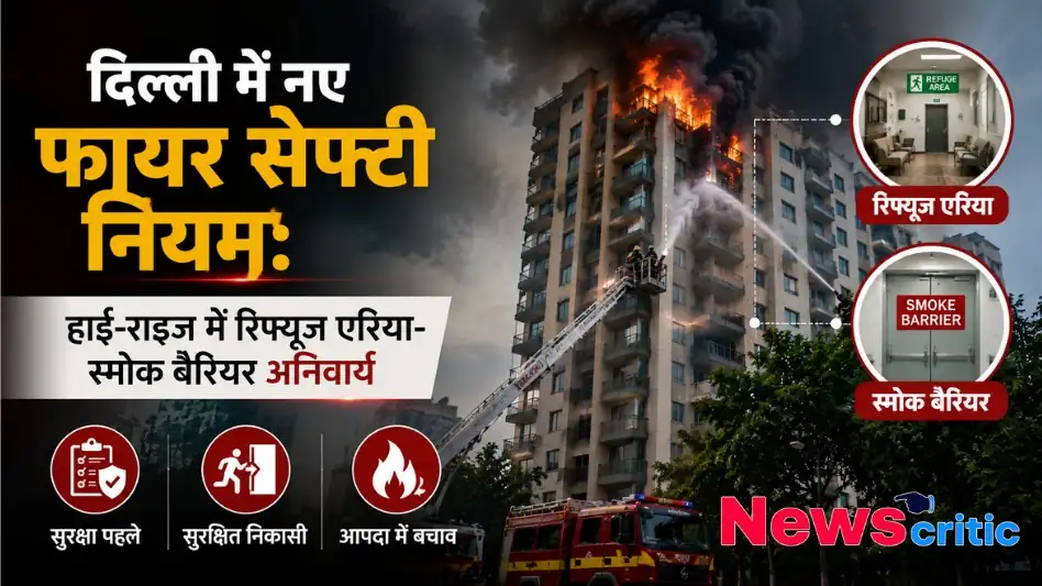 दिल्ली में नए फायर सेफ्टी नियम के तहत हाई-राइज बिल्डिंग में रिफ्यूजी एरिया और स्मोक बैरियर अनिवार्य किए जाने की जानकारी देती तस्वीर, साथ ही न्यूज़ क्रिटिक का लोगो।