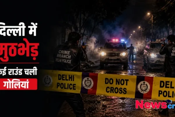 रात के समय दिल्ली में पुलिस मुठभेड़ का दृश्य, जहाँ क्राइम ब्रांच के जवान हथियार ताने खड़े हैं और पुलिस बैरिकेडिंग पर लिखा है 'डू नॉट क्रॉस' - News Critic