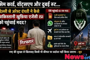 दिल्ली से गिरफ्तार दंपती द्वारा पाकिस्तानी खुफिया एजेंसी ISI को सिम कार्ड, व्हाट्सएप और दुबई रूट के जरिए मदद पहुँचाने के खुलासे को दर्शाता न्यूज़ ग्राफ़िक - न्यूज़ क्रिटिक