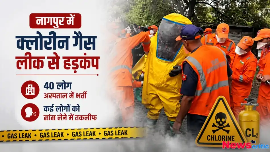 नागपुर में क्लोरीन गैस लीक की घटना को दर्शाता न्यूज़ क्रिटिक का ग्राफ़िक, जिसमें एनडीआरएफ/बचावकर्मी राहत कार्य में जुटे हैं और 40 लोगों के अस्पताल में भर्ती होने की जानकारी दी गई है।